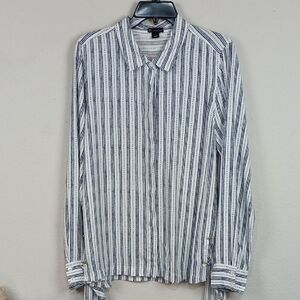 New Directions Women Blue / White Striped Button Down Relaxed Fit Shirt sz L